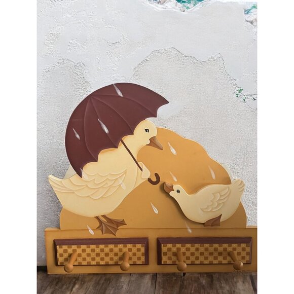 Decorative Wooden Duck Wall Hook Rack With Four Pegs & Umbrella Design - Picture 4 of 11